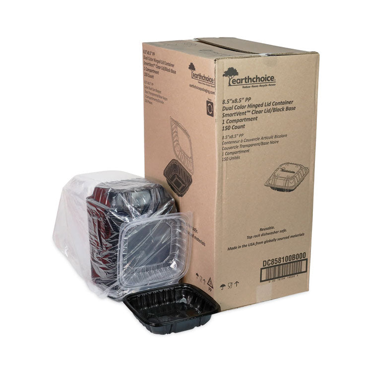 EarthChoice Vented Dual Color Microwavable Hinged Lid Container, 38 oz, 8.5 x 8.6 x 3.1, Black/Clear, Plastic, 150/Carton