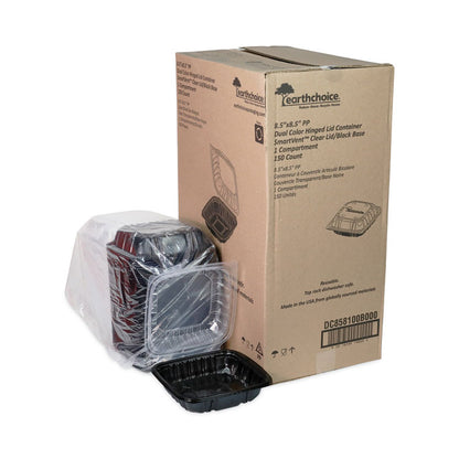 EarthChoice Vented Dual Color Microwavable Hinged Lid Container, 38 oz, 8.5 x 8.6 x 3.1, Black/Clear, Plastic, 150/Carton