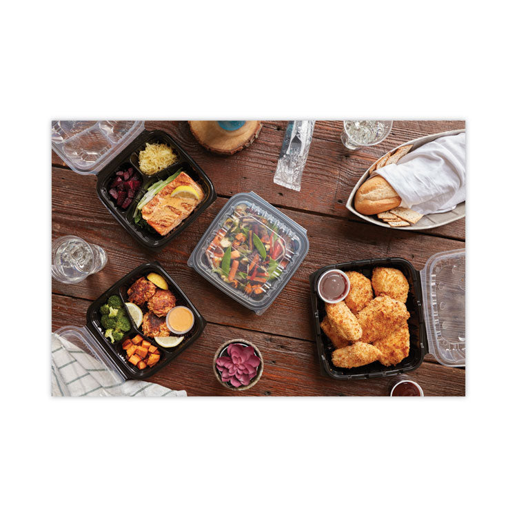 EarthChoice Vented Dual Color Microwavable Hinged Lid Container, 3 Compartments, 33 oz, Black/Clear, Plastic, 150/Carton