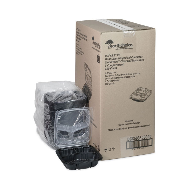 EarthChoice Vented Dual Color Microwavable Hinged Lid Container, 3 Compartment Base/Lid, 33 oz, Black/Clear, Plastic, 150/CT