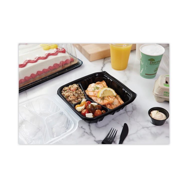 EarthChoice Vented Dual Color Microwavable Hinged Lid Container, 3 Compartment Base/Lid, 33 oz, Black/Clear, Plastic, 150/CT
