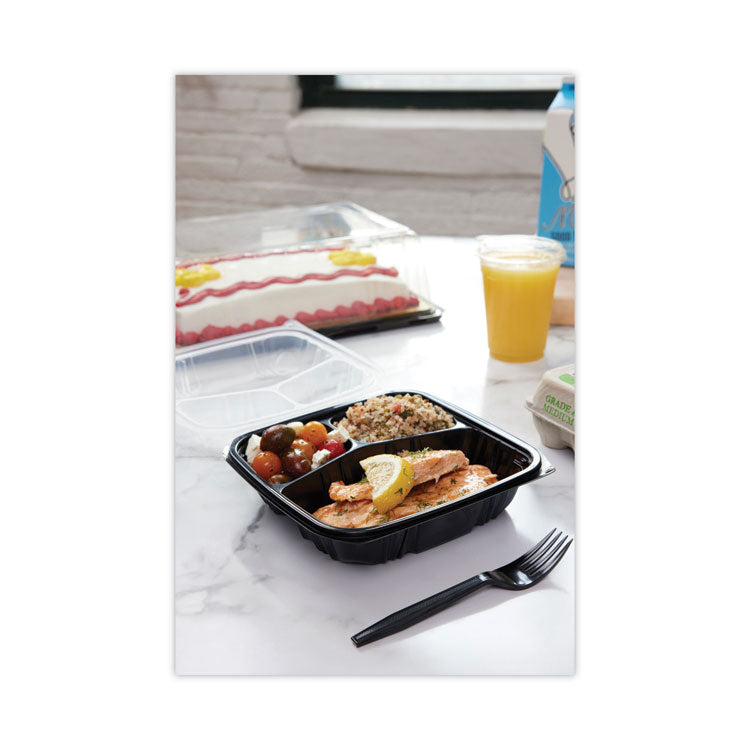 EarthChoice Vented Dual Color Microwavable Hinged Lid Container, 3 Compartment Base/Lid, 33 oz, Black/Clear, Plastic, 150/CT