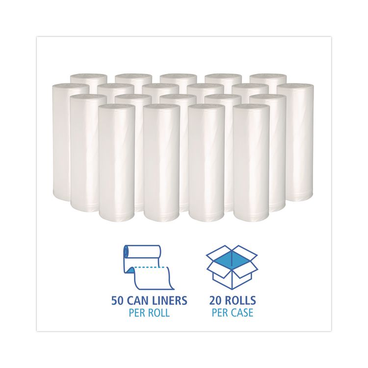 High-Density Can Liners, 10 gal, 6 mic, 24" x 23", Natural, Perforated Roll, 50 Bags/Roll, 20 Rolls/Carton