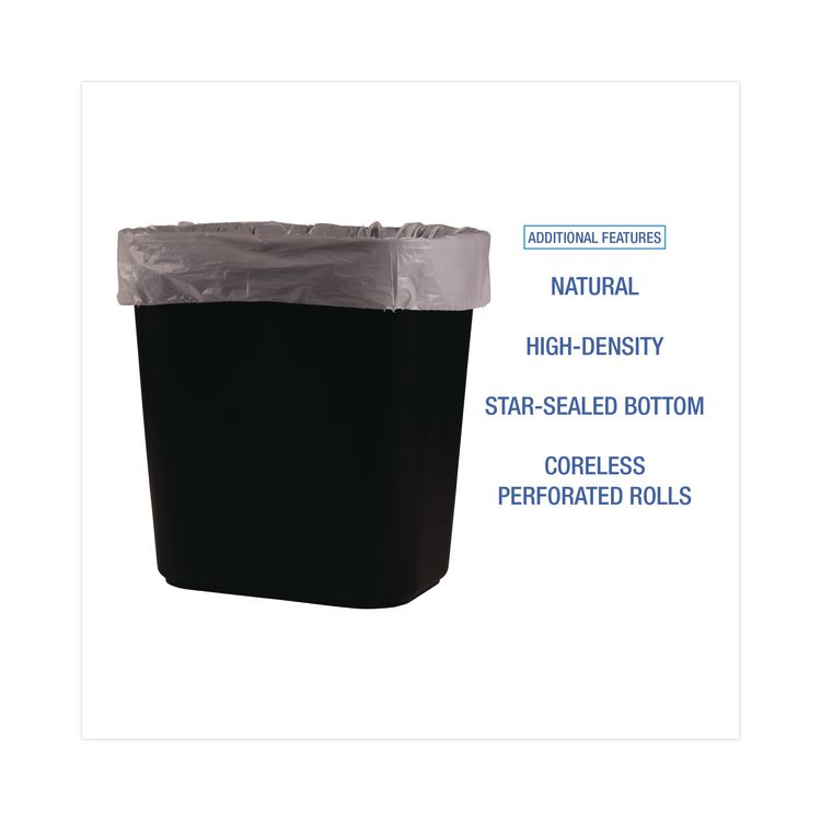 High-Density Can Liners, 10 gal, 6 mic, 24" x 23", Natural, Perforated Roll, 50 Bags/Roll, 20 Rolls/Carton
