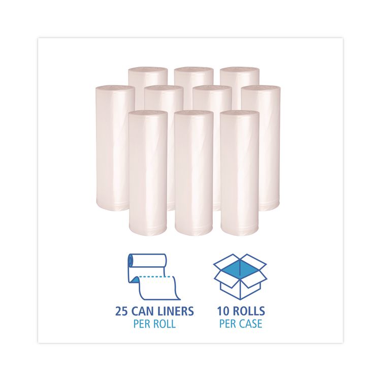 High-Density Can Liners, 33 gal, 14 mic, 33" x 38", Natural, Perforated Roll, 25 Bags/Roll, 10 Rolls/Carton