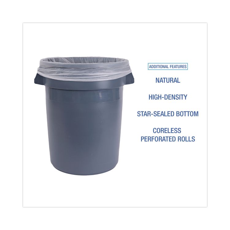High-Density Can Liners, 33 gal, 14 mic, 33" x 38", Natural, Perforated Roll, 25 Bags/Roll, 10 Rolls/Carton