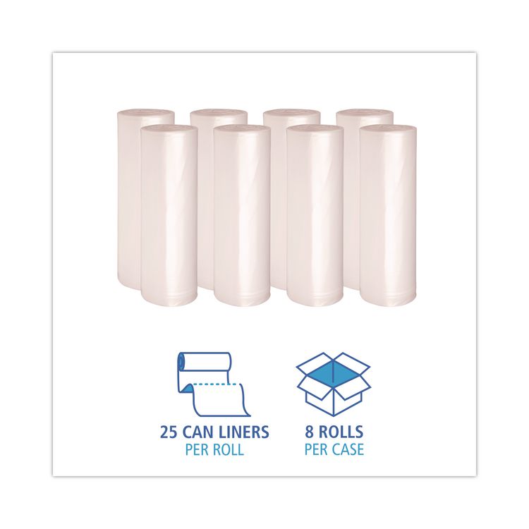 High-Density Can Liners, 60 gal, 11 mic, 38" x 58", Natural, Perforated Roll, 25 Bags/Roll, 8 Rolls/Carton