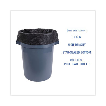 High-Density Can Liners, 60 gal, 14 mic, 38" x 58", Black, Perforated Roll, 25 Bags/Roll, 8 Rolls/Carton