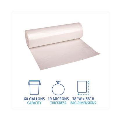 High-Density Can Liners, 60 gal, 19 mic, 38" x 58", Natural, Perforated Roll, 25 Bags/Roll, 6 Rolls/Carton