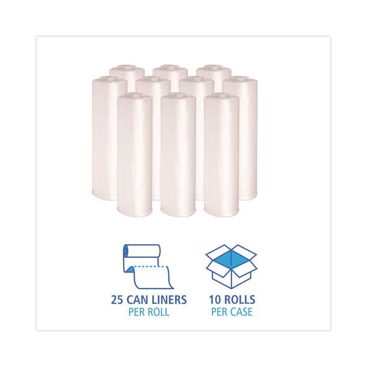 High-Density Can Liners, 45 gal, 10 mic, 40" x 46", Natural, Perforated Roll, 25 Bags/Roll, 10 Rolls/Carton