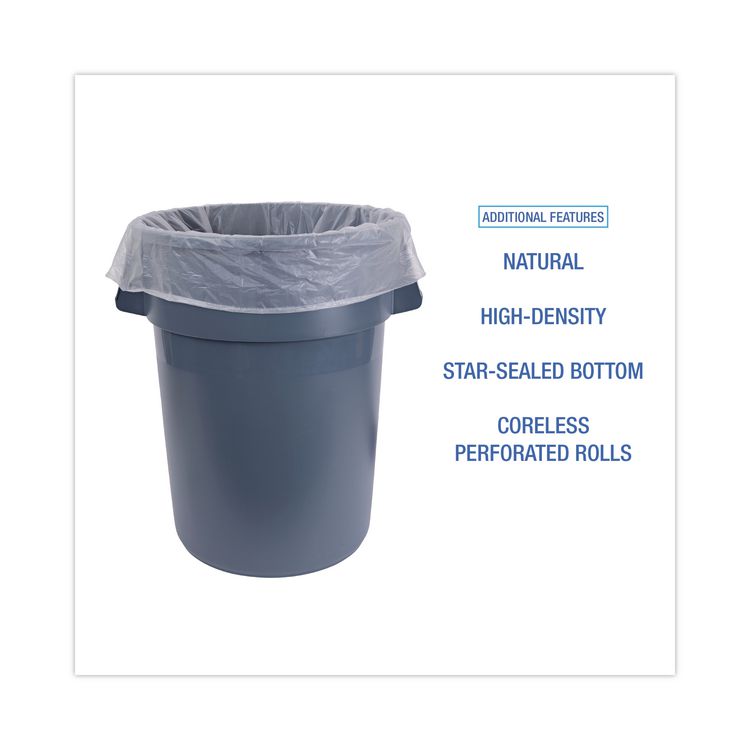 High-Density Can Liners, 45 gal, 13 mic, 40" x 46", Natural, Perforated Roll, 25 Bags/Roll, 10 Rolls/Carton