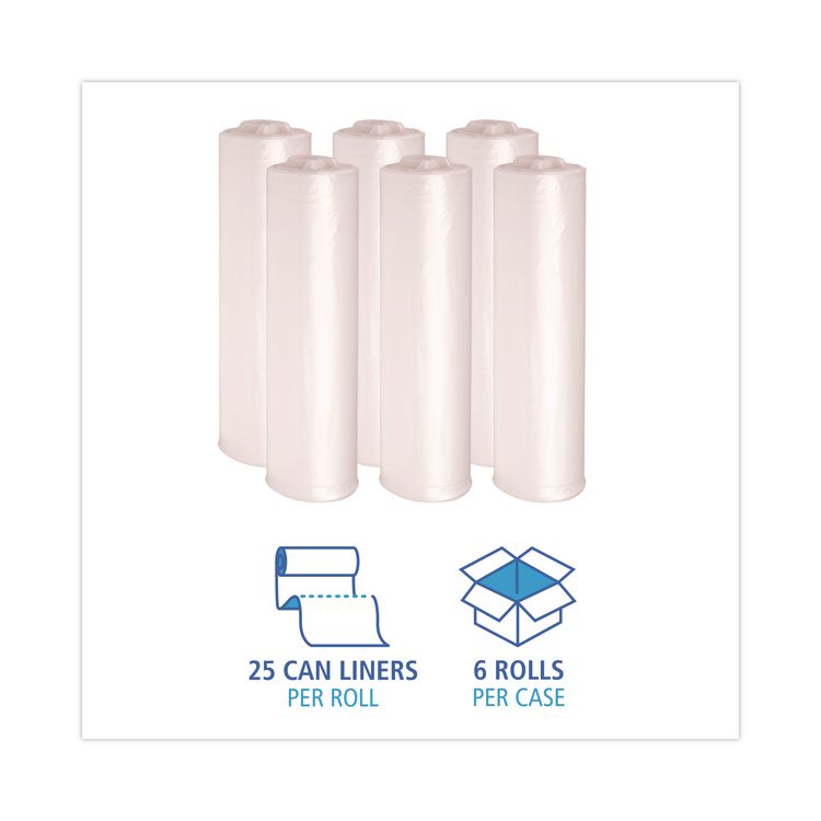 High-Density Can Liners, 45 gal, 19 mic, 40" x 46", Natural, Perforated Roll, 25 Bags/Roll, 6 Rolls/Carton