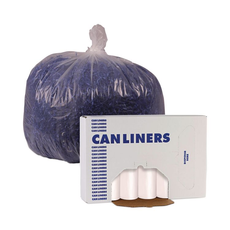 High-Density Can Liners, 56 gal, 19 mic, 43" x 47", Natural, Perforated Roll, 25 Bags/Roll, 6 Rolls/Carton
