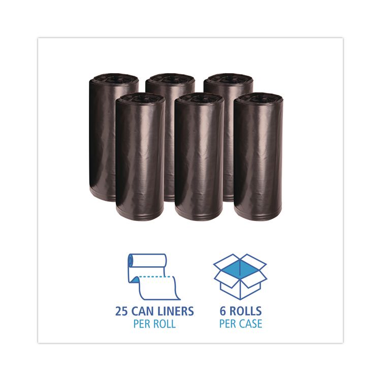 High-Density Can Liners, 56 gal, 19 mic, 43" x 47", Black, Perforated Roll, 25 Bags/Roll, 6 Rolls/Carton
