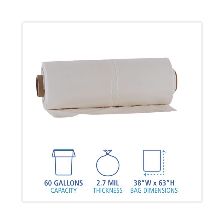 Industrial Can Liners, 60 gal, 2.7 mil, 21" x 17" x 63", Clear, 50/Carton