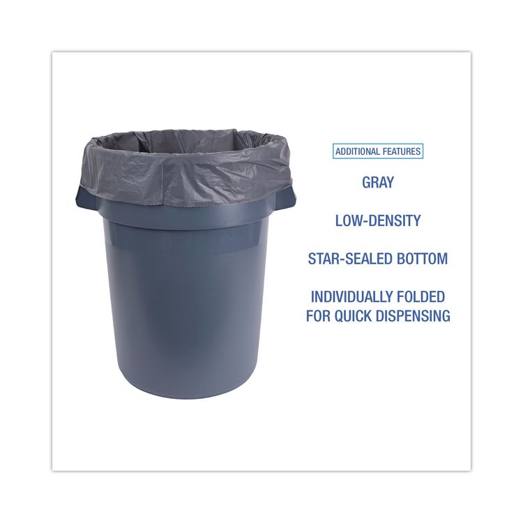 Linear Low Density Industrial Can Liners, 60 gal, 1.3 mil, 38" x 58", Gray, Flat Pack, 100/Carton