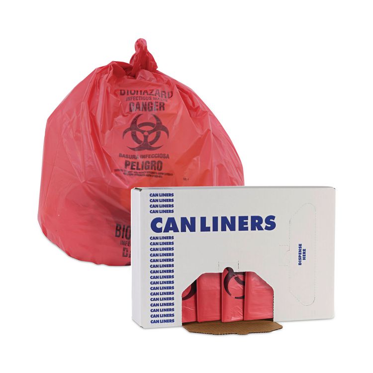 Linear Low Density Health Care Trash Can Liners, 16 gal, 1.3 mil, 24" x 32", Red, Flat Pack, 250/Carton