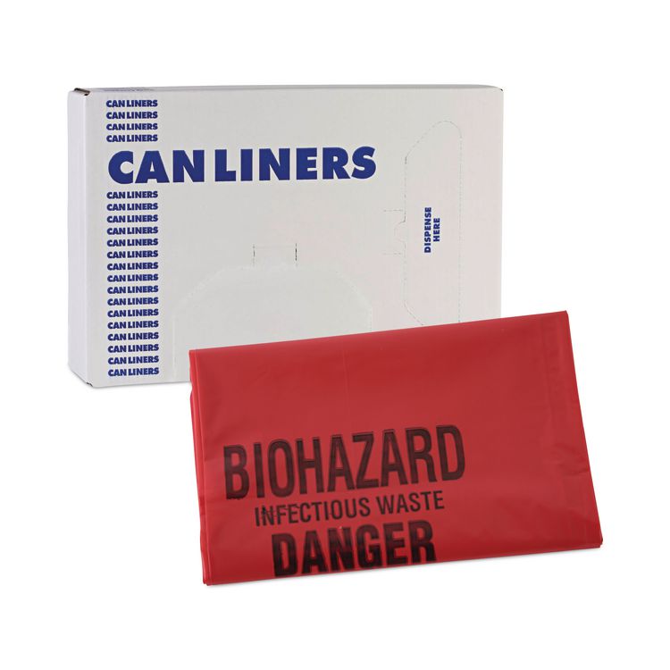 Linear Low Density Health Care Trash Can Liners, 16 gal, 1.3 mil, 24" x 32", Red, Flat Pack, 250/Carton