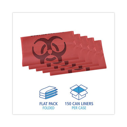 Linear Low Density Health Care Trash Can Liners, 33 gal, 1.3 mil, 33" x 39", Red, Flat Pack, 150/Carton