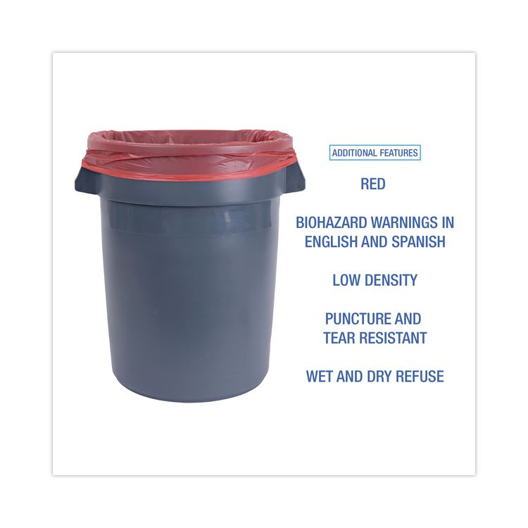 Linear Low Density Health Care Trash Can Liners, 33 gal, 1.3 mil, 33" x 39", Red, Flat Pack, 150/Carton