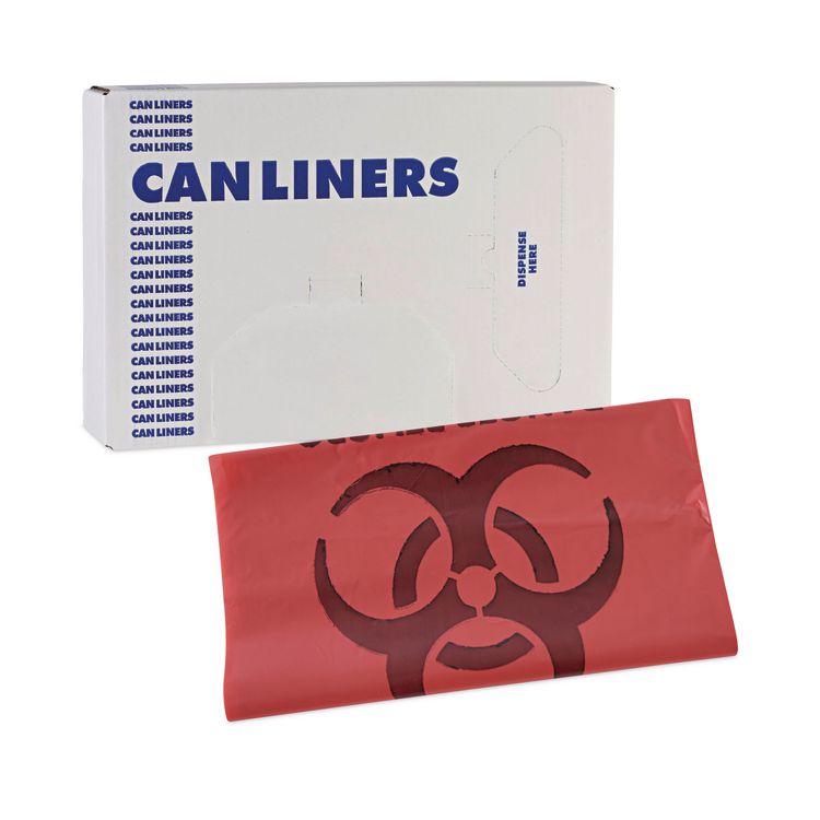 Linear Low Density Health Care Trash Can Liners, 33 gal, 1.3 mil, 33" x 39", Red, Flat Pack, 150/Carton