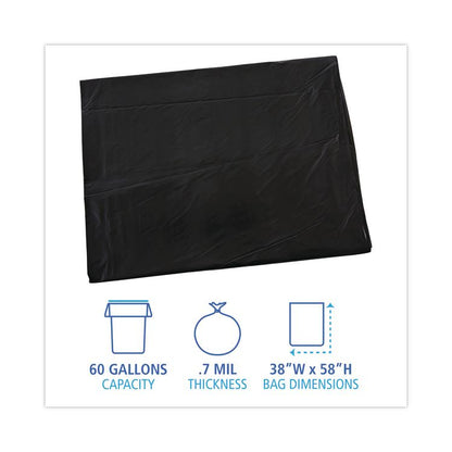 Linear Low Density Industrial Can Liners, 60 gal, 0.7 mil, 38" x 58", Black, Flat Pack, 100/Carton