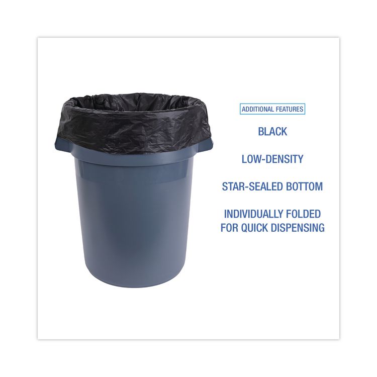 Linear Low Density Industrial Can Liners, 60 gal, 0.7 mil, 38" x 58", Black, Flat Pack, 100/Carton