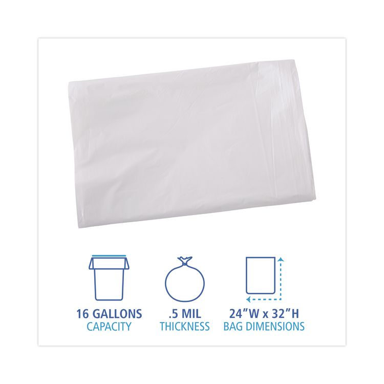 Linear Low Density Industrial Can Liners, 16 gal, 0.5 mil, 24" x 32", White, Flat Pack, 500/Carton