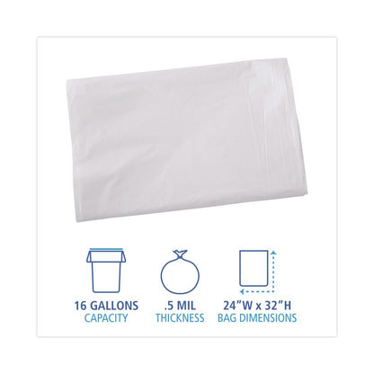 Linear Low Density Industrial Can Liners, 16 gal, 0.5 mil, 24" x 32", White, Flat Pack, 500/Carton