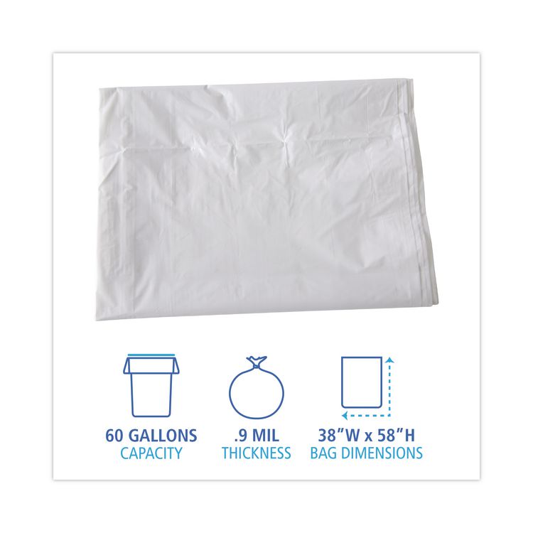 Linear Low Density Industrial Can Liners, 60 gal, 0.9 mil, 38" x 58", White, Flat Pack, 100/Carton