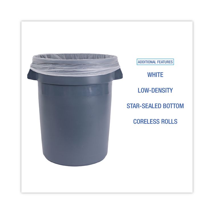 Low-Density Waste Can Liners, 33 gal, 0.6 mil, 33" x 39", White, Perforated Roll, 25 Bags/Roll, 6 Rolls/Carton