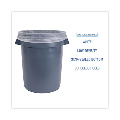 Low-Density Waste Can Liners, 33 gal, 0.6 mil, 33" x 39", White, Perforated Roll, 25 Bags/Roll, 6 Rolls/Carton