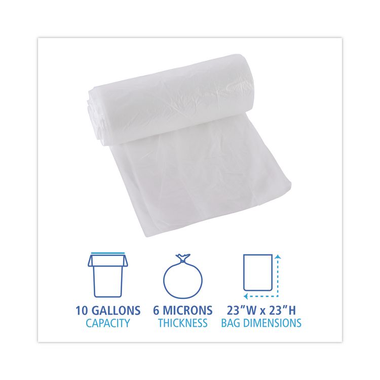 High-Density Can Liners, 10 gal, 6 mic, 24" x 23", Natural, Perforated Roll, 50 Bags/Roll, 20 Rolls/Carton