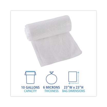 High-Density Can Liners, 10 gal, 6 mic, 24" x 23", Natural, Perforated Roll, 50 Bags/Roll, 20 Rolls/Carton
