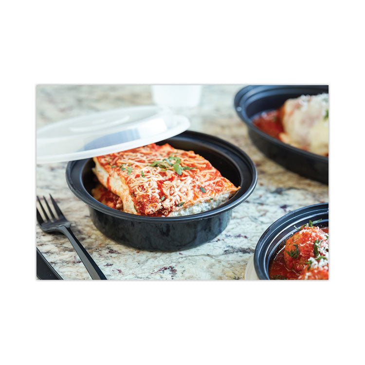 Newspring VERSAtainer Microwavable Containers, Vented Lid, 48 oz, 9" Diameter x 2.4"h, Black/Clear, Plastic, 150/Carton