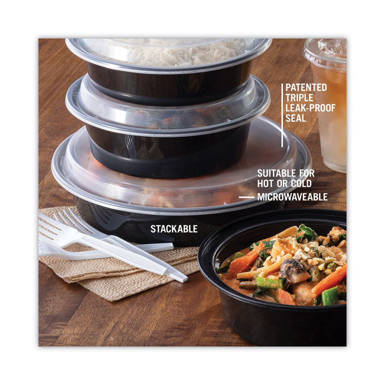 Newspring VERSAtainer Microwavable Containers, Vented Lid, 48 oz, 9" Diameter x 2.4"h, Black/Clear, Plastic, 150/Carton