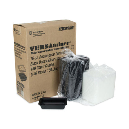 Newspring VERSAtainer Microwavable Containers, 16 oz, 7.4 x 5 x 2.2, Black/Clear, Plastic, 150/Carton