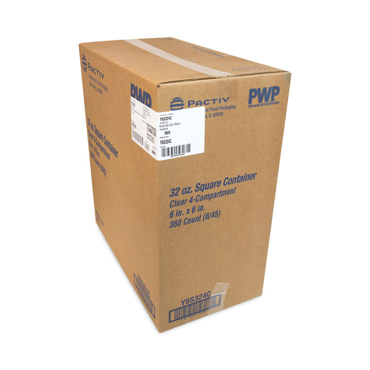 EarthChoice Square Recycled Bowl, 4 Compartments, 32 oz, 6.1 x 6.1 x 2.6, Clear, Plastic, 360/Carton