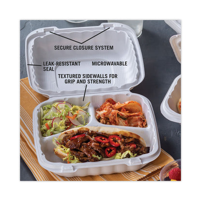 EarthChoice SmartLock Microwavable MFPP Hinged Lid Container, 3 Compartments, 8.35 x 8.35 x 3.1, White, Plastic, 200/Carton