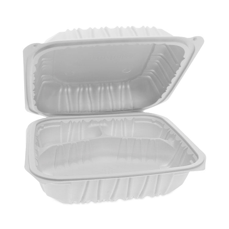 EarthChoice Vented Microwavable MFPP Hinged Lid Container, 3 Compartments, 8.4 x 8.7 x 3.1, White, Plastic, 146/Carton