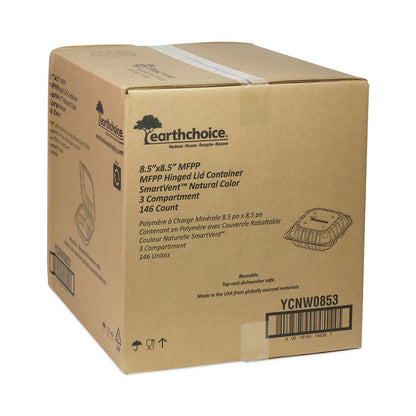 EarthChoice Vented Microwavable MFPP Hinged Lid Container, 3 Compartments, 8.4 x 8.7 x 3.1, White, Plastic, 146/Carton