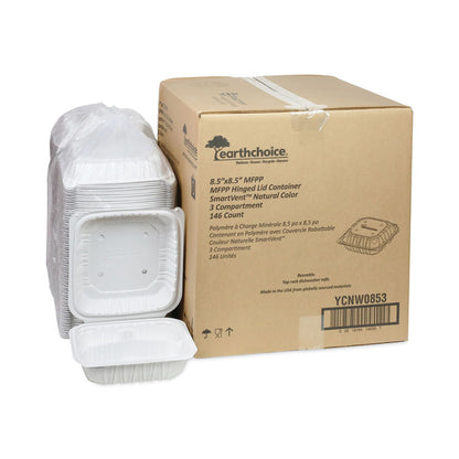 EarthChoice Vented Microwavable MFPP Hinged Lid Container, 3 Compartments, 8.4 x 8.7 x 3.1, White, Plastic, 146/Carton