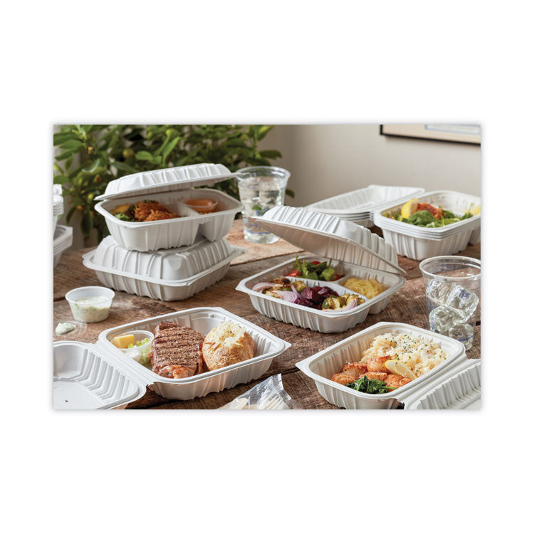 EarthChoice Vented Microwavable MFPP Hinged Lid Container, 3 Compartments, 8.4 x 8.7 x 3.1, White, Plastic, 146/Carton