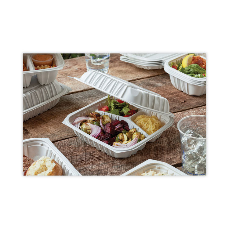 EarthChoice Vented Microwavable MFPP Hinged Lid Container, 3 Compartments, 8.4 x 8.7 x 3.1, White, Plastic, 146/Carton