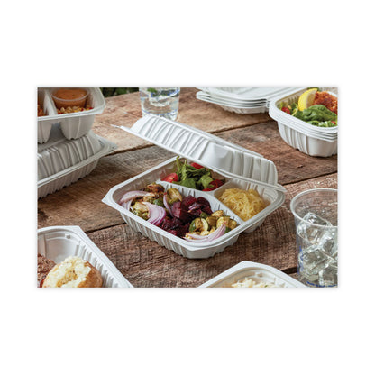 EarthChoice Vented Microwavable MFPP Hinged Lid Container, 3 Compartments, 8.4 x 8.7 x 3.1, White, Plastic, 146/Carton