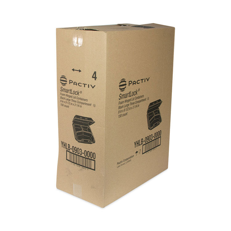 SmartLock Foam Hinged Lid Container, Large, 3 Compartments, 9 x 9.5 x 3.3, Black, 150/Carton