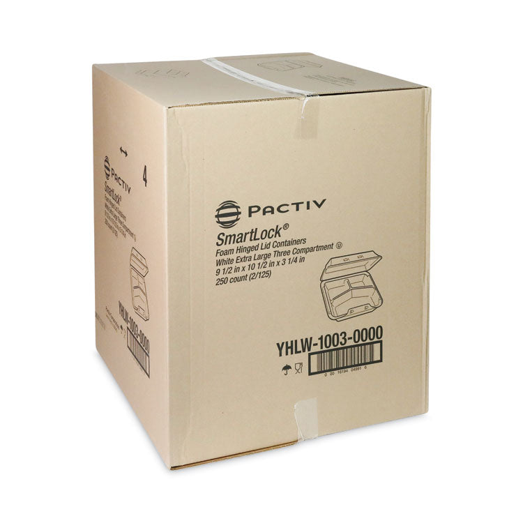 SmartLock Foam Hinged Lid Container, X-Large, 3 Compartments, 9.5 x 10.5 x 3.3, White, 250/Carton