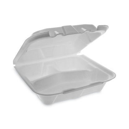 Vented Foam Hinged Lid Container, Dual Tab Lock Economy, 3 Compartments, 8.4 x 8 x 3, White, 150/Carton