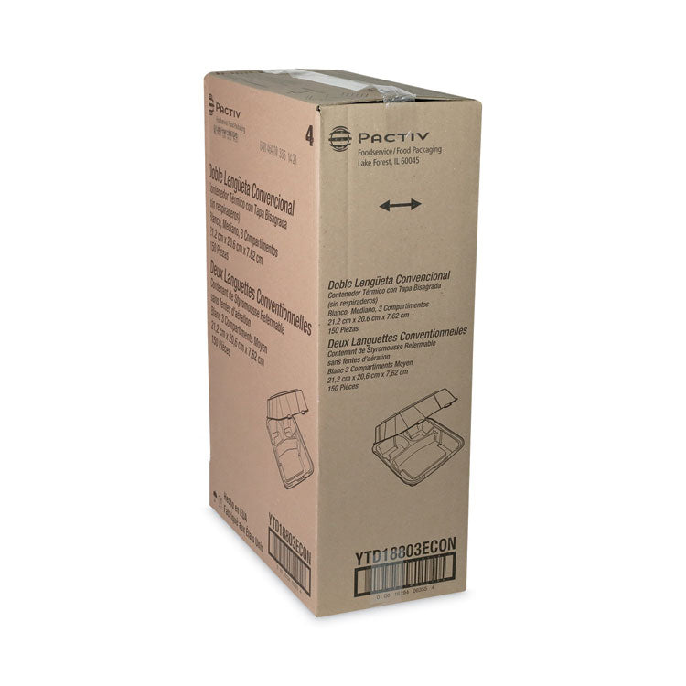 Vented Foam Hinged Lid Container, Dual Tab Lock Economy, 3 Compartments, 8.4 x 8 x 3, White, 150/Carton
