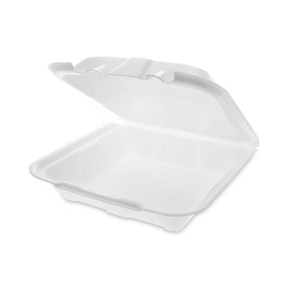 Vented Foam Hinged Lid Container, Dual Tab Lock Economy, 9.1 x 9 x 3.3, White, 150/Carton